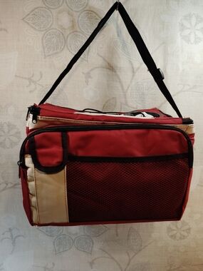 Red and Cream Insulated Travel Cooler With Cup Holders & Shoulder Strap